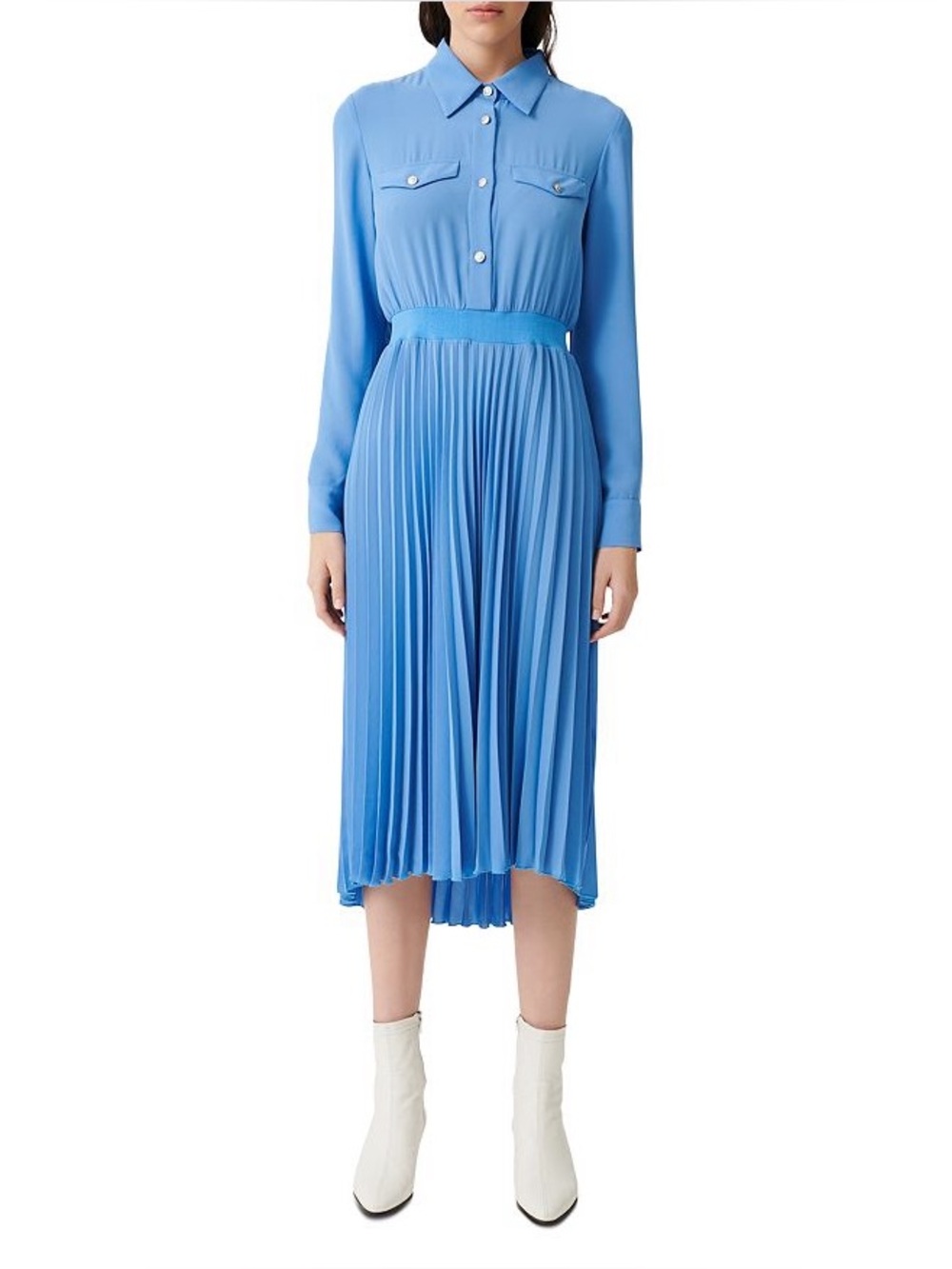 Maje Dusty Blue Pleated Midi Shirt Dress